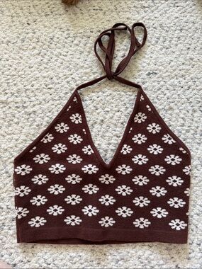 Brown Daisy Halter Knit Crop Top - Women's